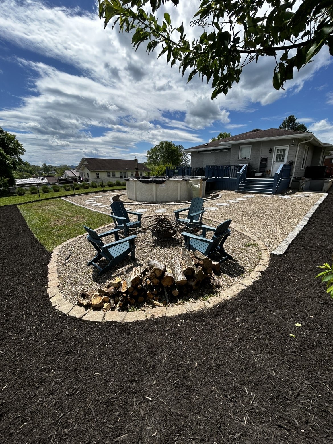 Completed backyard landscaping and fire pit project